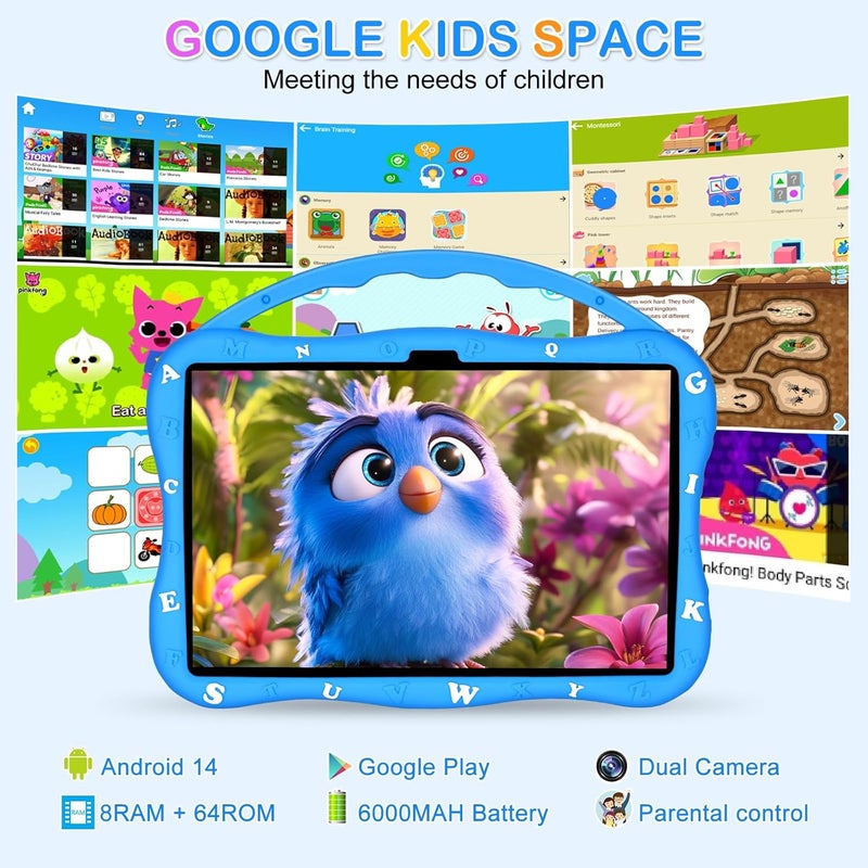 MengDash Kids Tablet, 10.1 inch Tablet for Kids 3-10, Educational Learning Toddler Tablet Android 14, 8(4+4) GB RAM+64GB ROM Storage, 5G WiFi, Baby Girl boy Gift (Blue) - Image 2